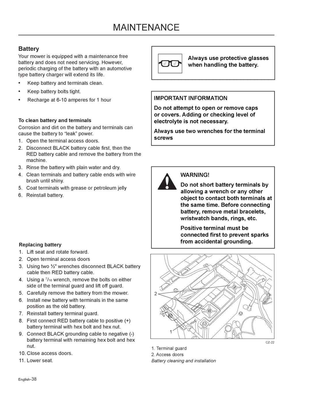 Husqvarna MZ7227 / 968999719, MZ6125C / 968999749 manual Battery, To clean battery and terminals, Replacing battery 