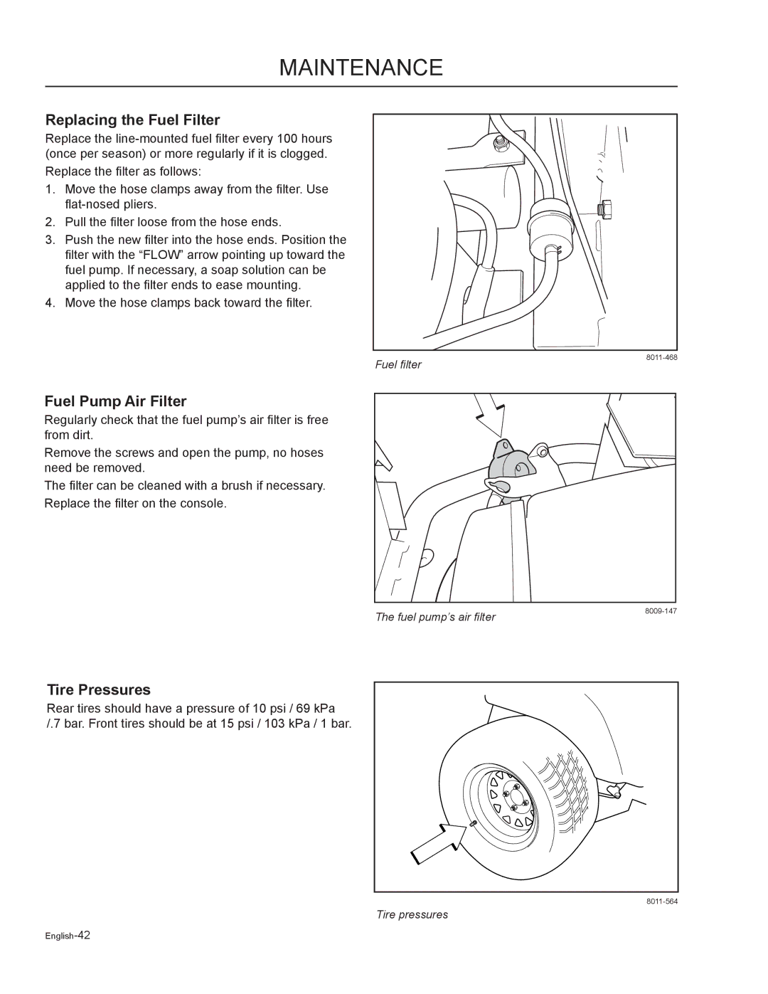 Husqvarna MZ25 / 968999780, MZ6125C / 968999749 manual Replacing the Fuel Filter, Fuel Pump Air Filter, Tire Pressures 