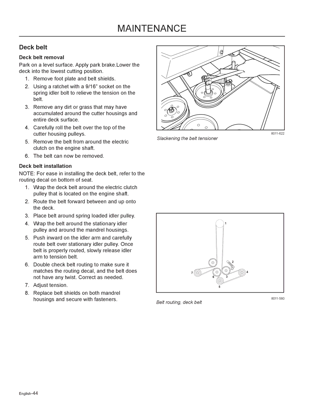 Husqvarna MZ6125, MZ7227, MZ5225BF, MZ6125BF, MZ5225C, MZ6125C, MZ25, MZ5225 Deck belt removal, Deck belt installation 