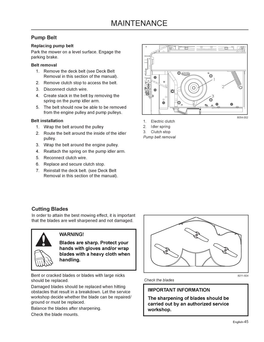 Husqvarna MZ6125C / 968999749 manual Pump Belt, Cutting Blades, Replacing pump belt, Belt removal, Belt installation 