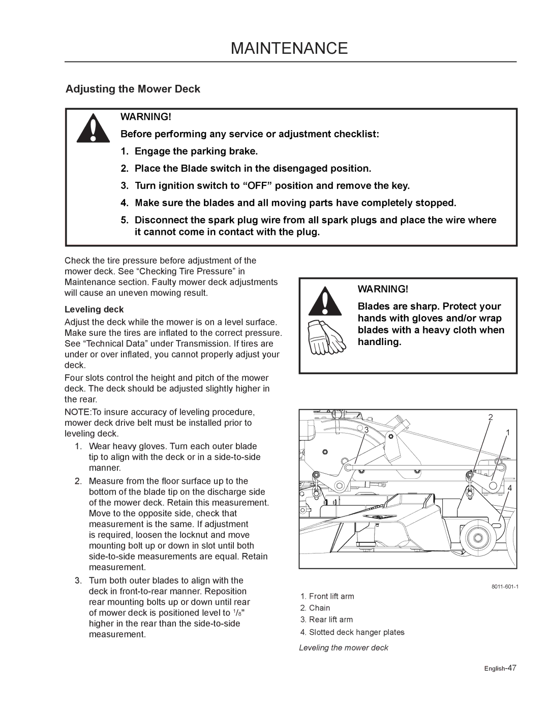 Husqvarna MZ7227 / 968999719, MZ6125C / 968999749, MZ6125BF / 968999721 manual Adjusting the Mower Deck, Leveling deck 