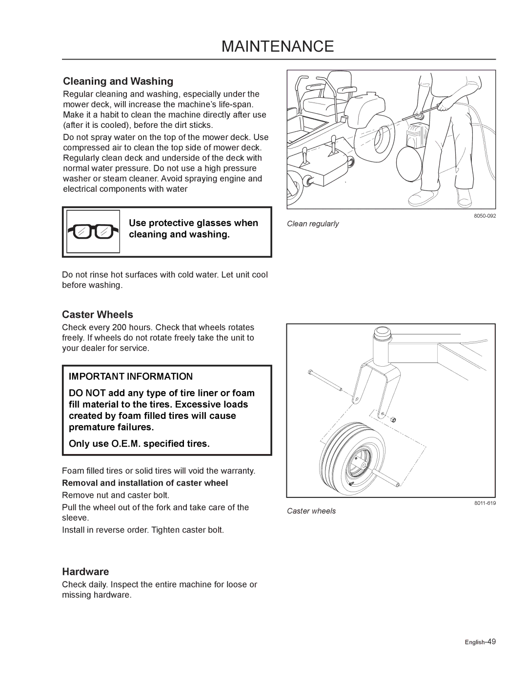 Husqvarna MZ6125 / 968999718 manual Cleaning and Washing, Caster Wheels, Hardware, Removal and installation of caster wheel 