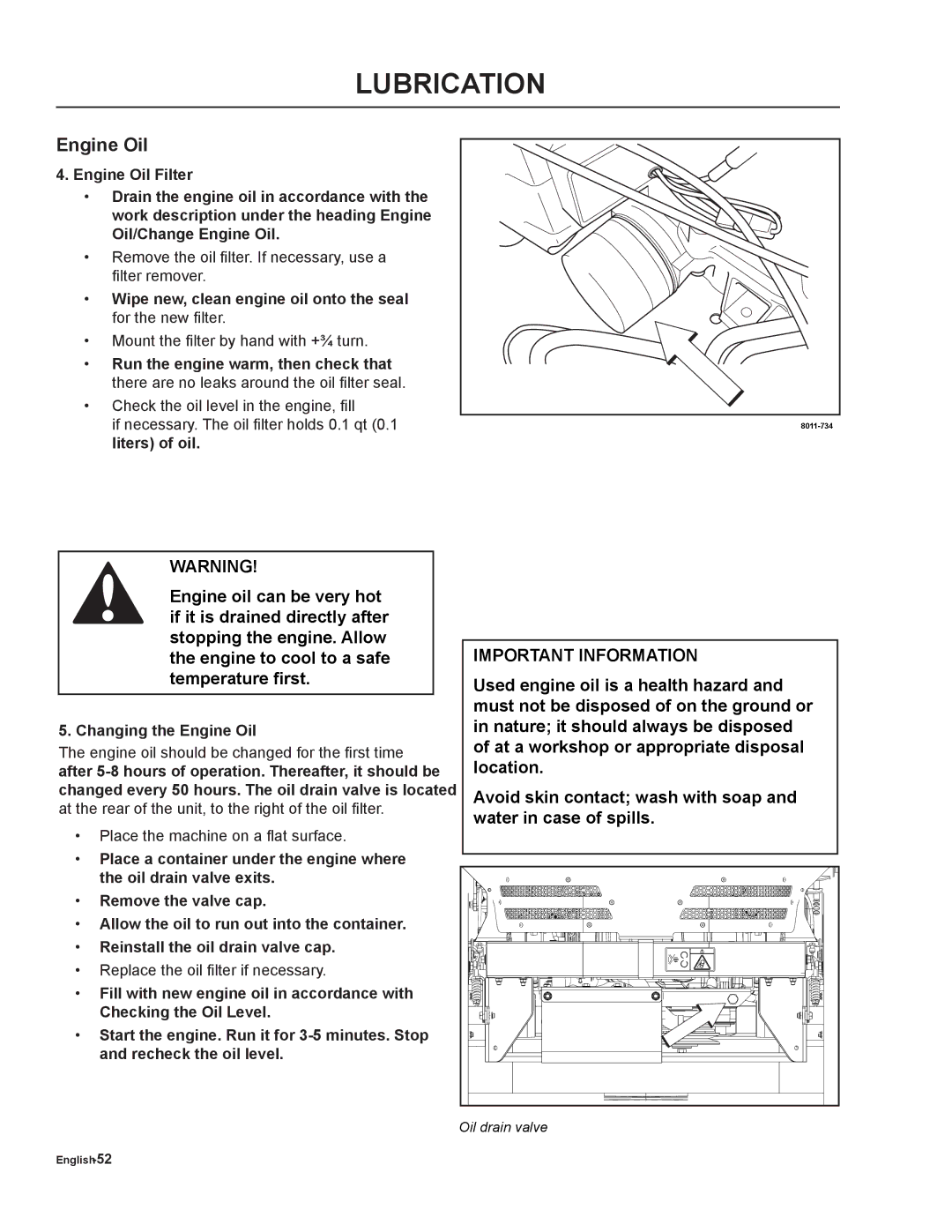 Husqvarna MZ5225 / 968999717, MZ6125C / 968999749, MZ6125BF / 968999721 manual Engine Oil Filter, Changing the Engine Oil 