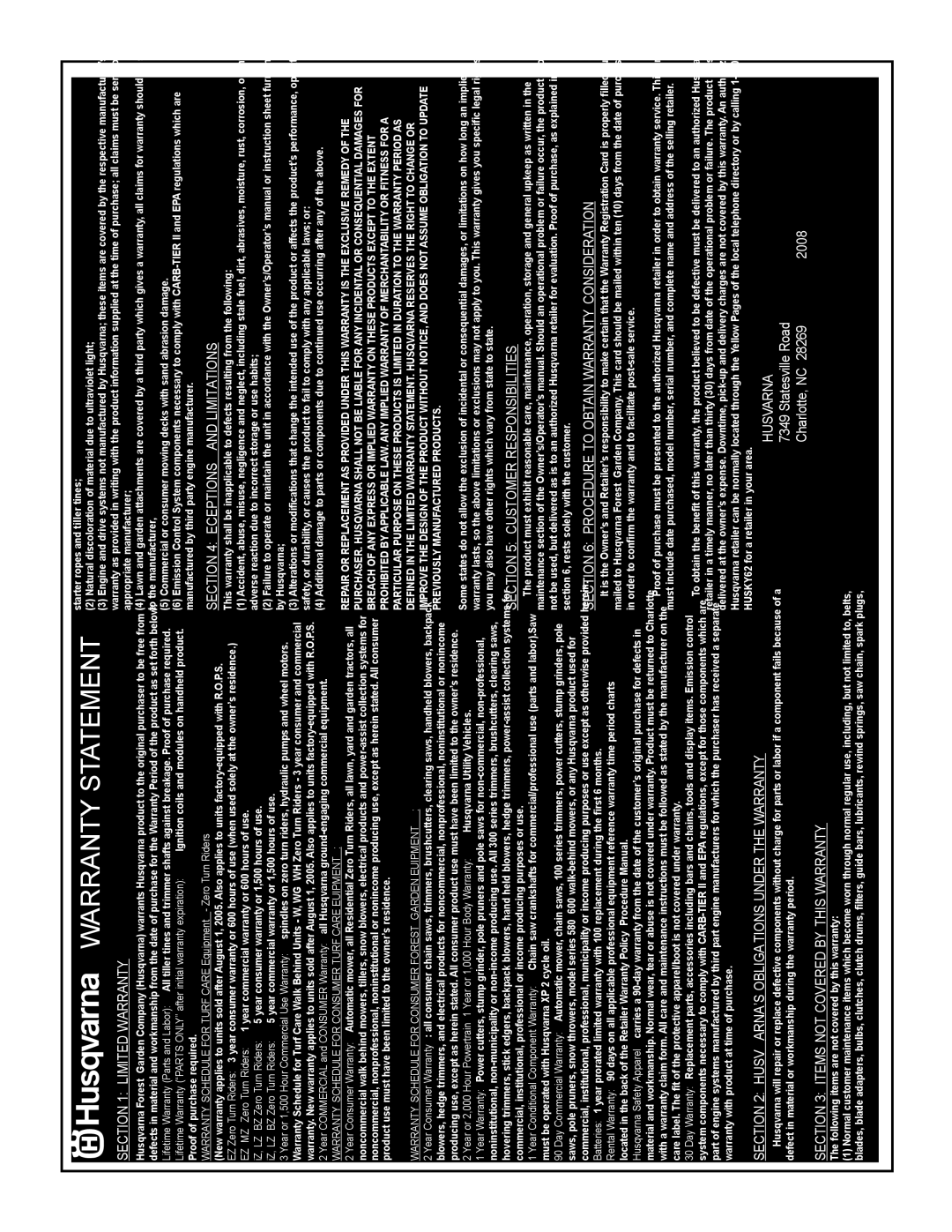 Husqvarna MZ6125 / 968999718, MZ6125C / 968999749, MZ6125BF / 968999721, MZ7227 / 968999719 manual Warranty Statement 