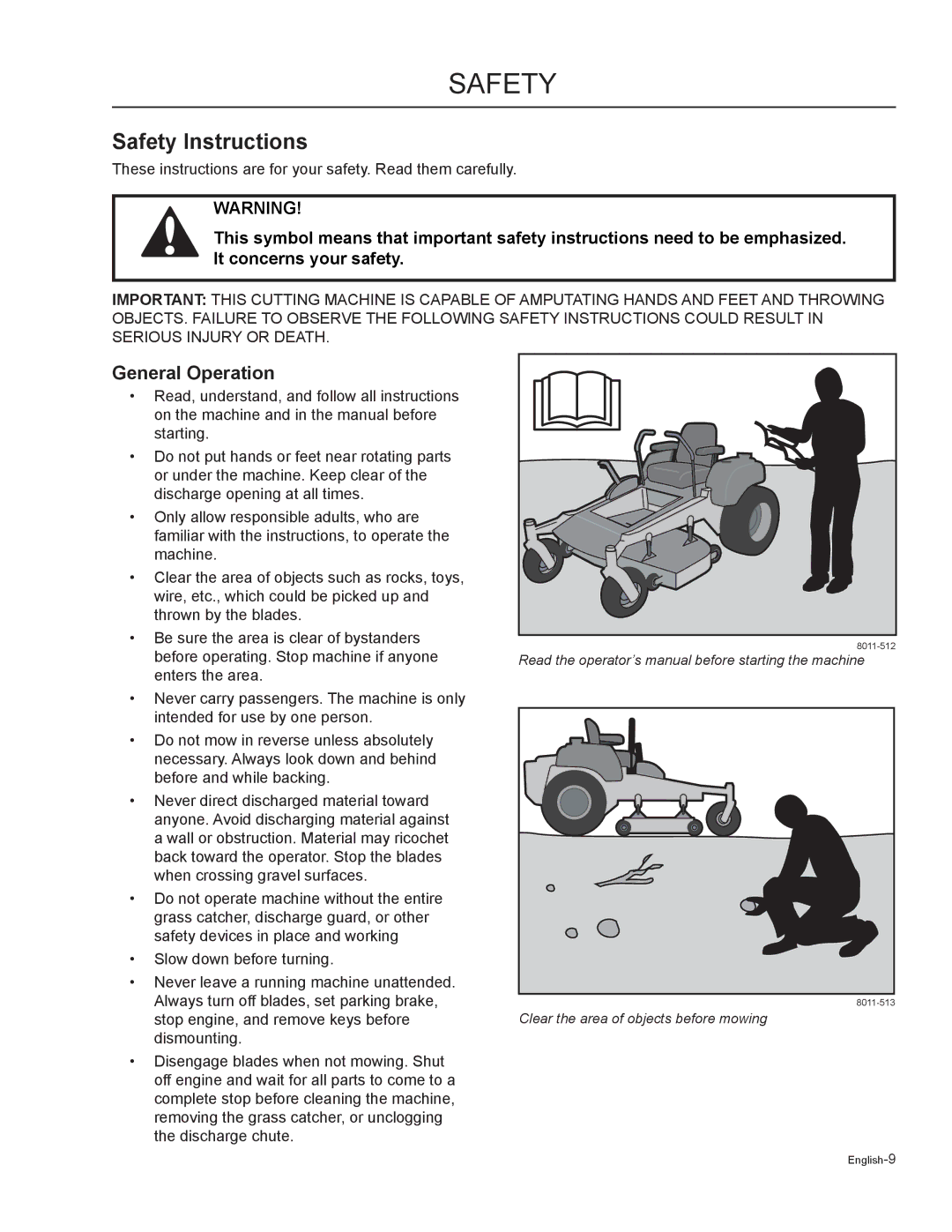 Husqvarna MZ6125C / 968999749, MZ6125BF / 968999721, MZ7227 / 968999719, MZ5225BF / 968999720 manual Safety, General Operation 