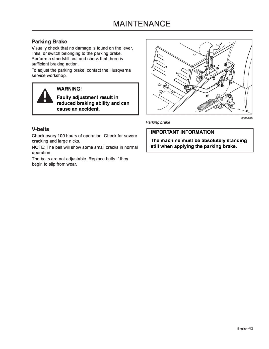 Husqvarna MZ5225 / 968999717, MZ6125C / 968999749 manual Parking Brake, V-belts, Maintenance, Important Information 
