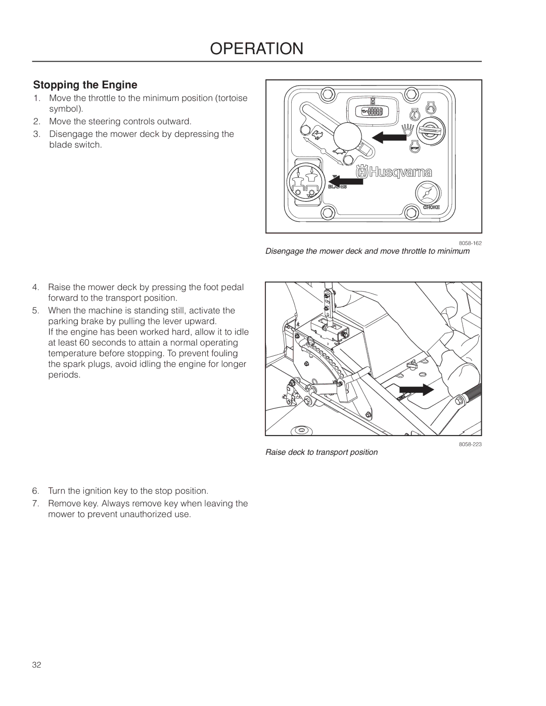 Husqvarna MZ6128/966613103 warranty Stopping the Engine 