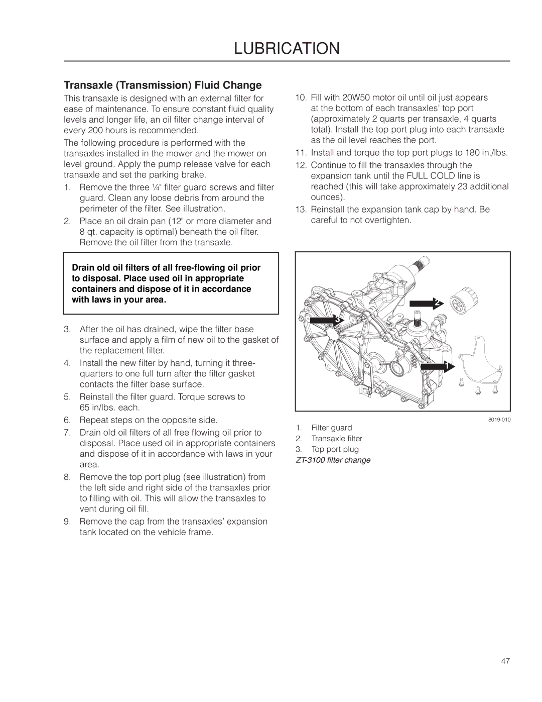 Husqvarna MZ6128/966613103 warranty Transaxle Transmission Fluid Change 