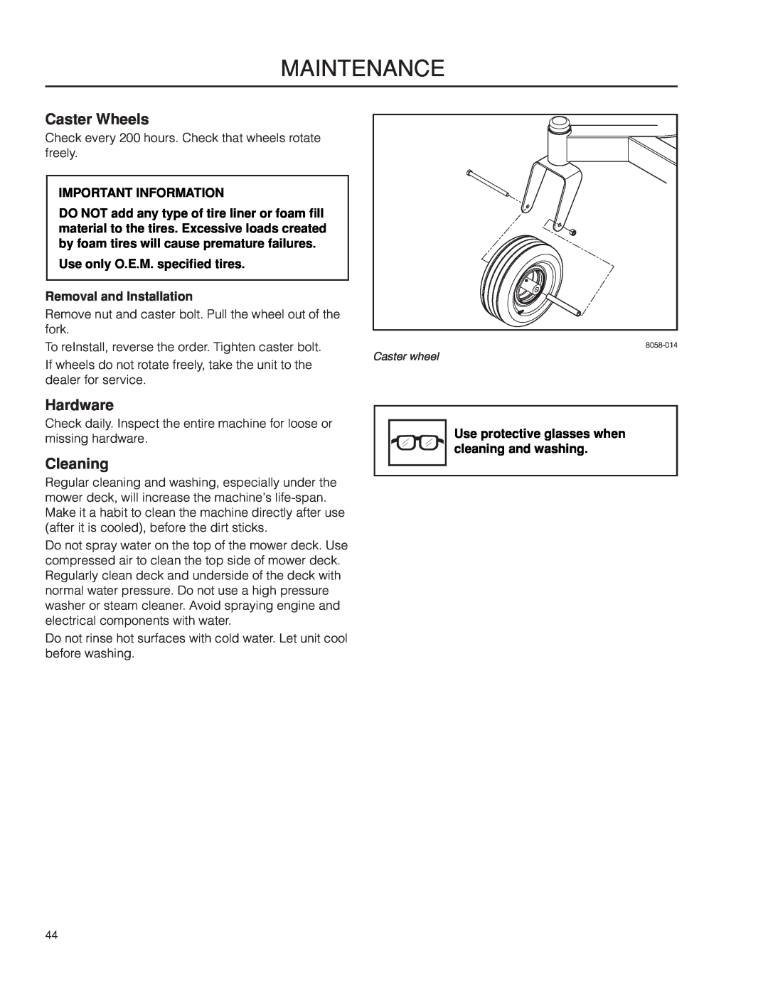 Husqvarna MZ6128/966613103 Caster Wheels, Hardware, Cleaning, Maintenance, Important Information, Removal and Installation 
