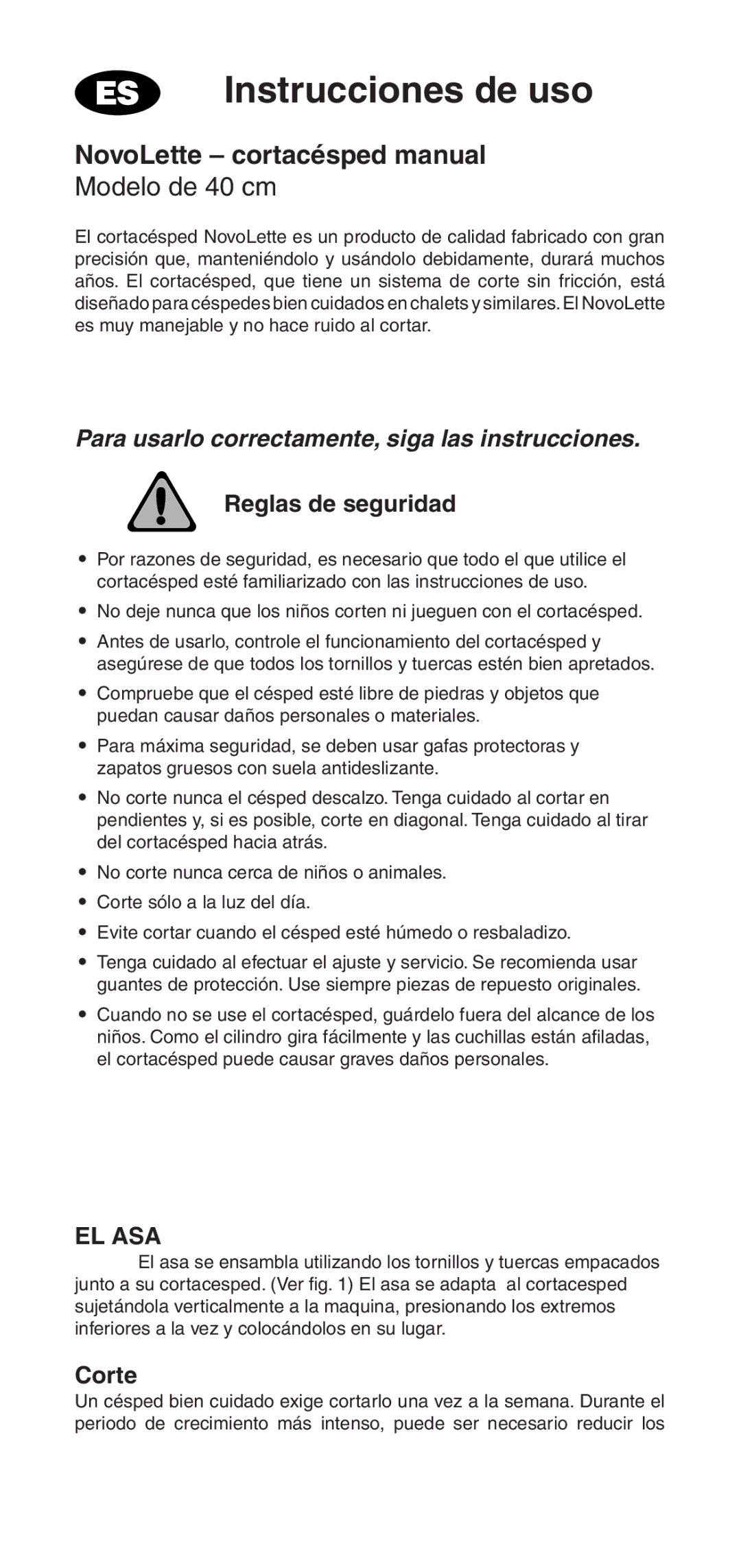 Husqvarna owner manual Instrucciones de uso, NovoLette cortacésped manual, Modelo de 40 cm, El Asa 