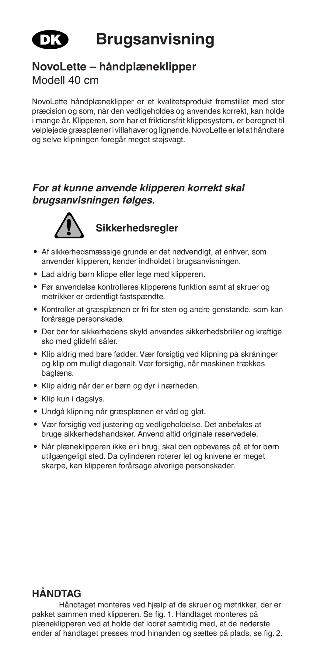 Husqvarna owner manual Brugsanvisning, NovoLette håndplæneklipper, Sikkerhedsregler, Håndtag 