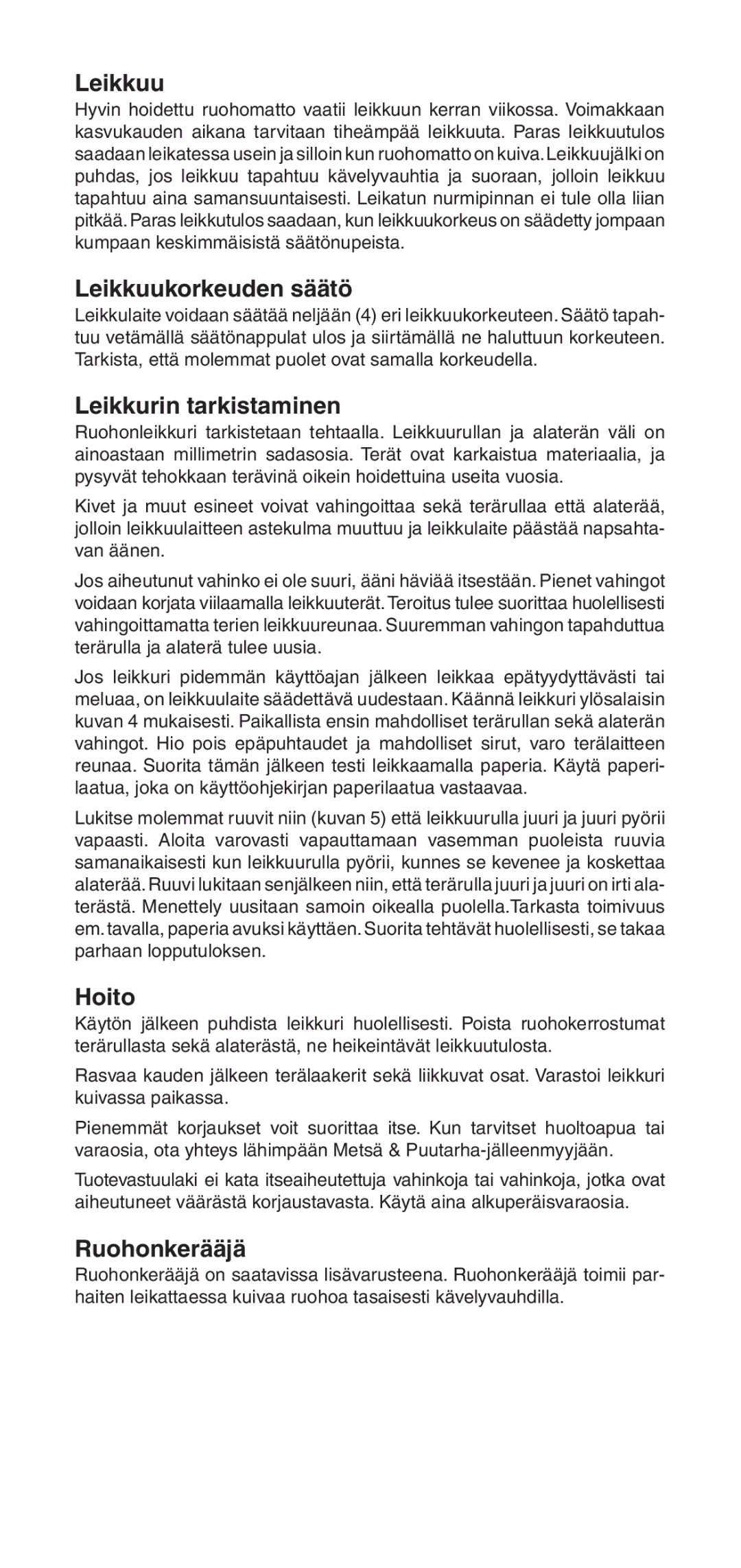 Husqvarna NovoLette owner manual Leikkuukorkeuden säätö, Leikkurin tarkistaminen, Hoito, Ruohonkerääjä 
