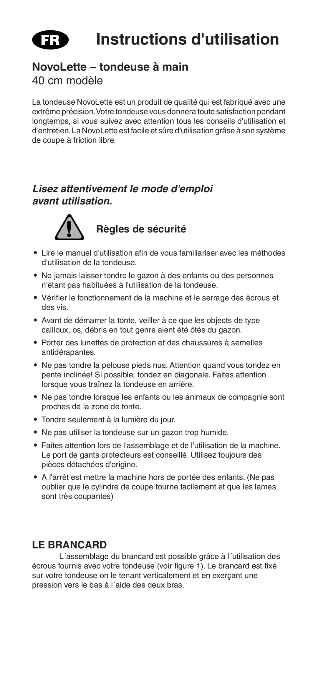 Husqvarna owner manual Instructions dutilisation, NovoLette tondeuse à main, Cm modèle, LE Brancard 