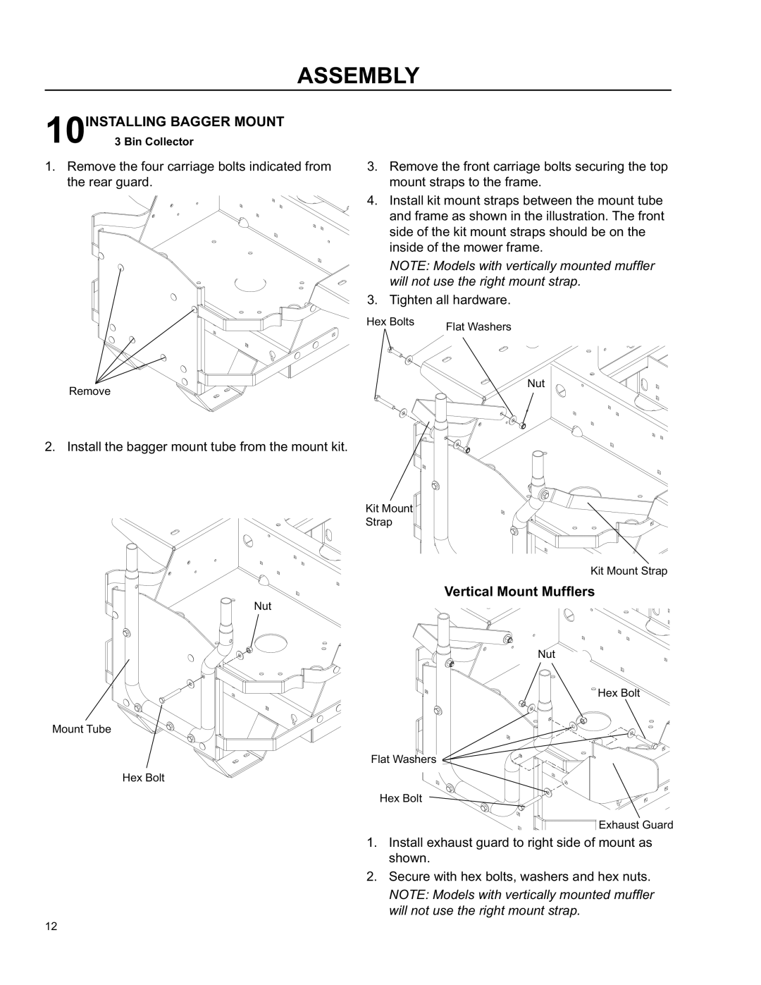 Husqvarna O0803001 manual 10INSTALLING Bagger Mount, Vertical Mount Mufﬂers 