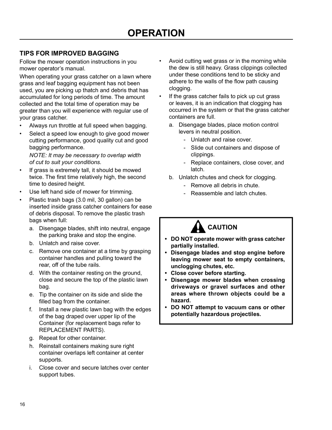 Husqvarna O0803001 manual Operation, Tips for Improved Bagging 