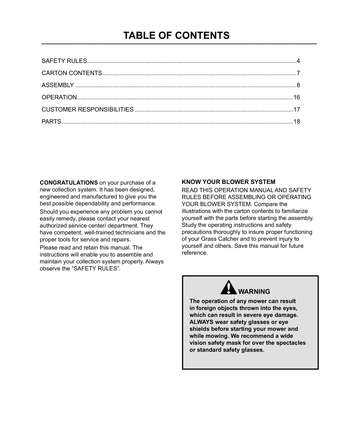 Husqvarna O0803001 manual Table of Contents 