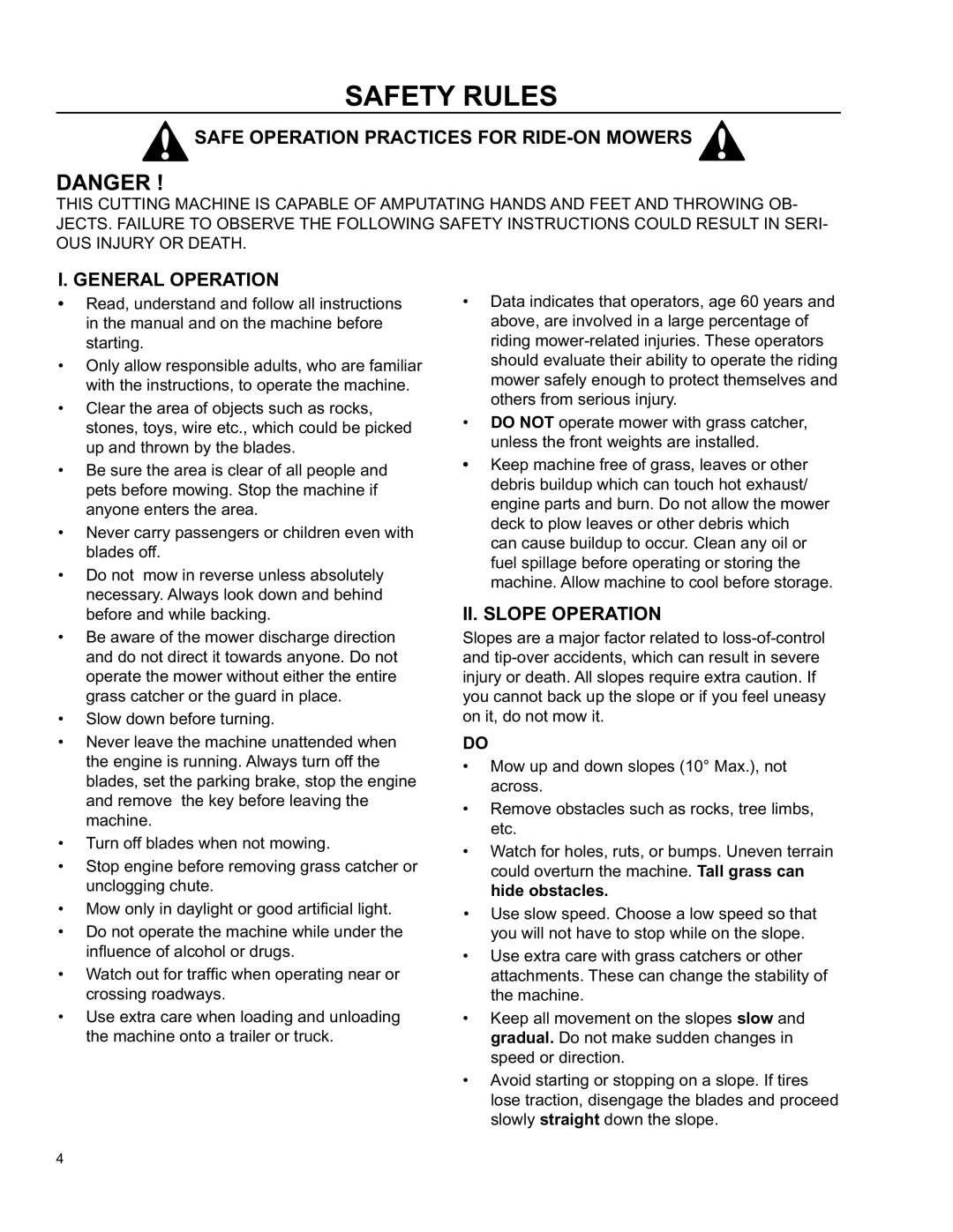 Husqvarna O0803001 manual Safety Rules, Safe Operation Practices for RIDE-ON Mowers 