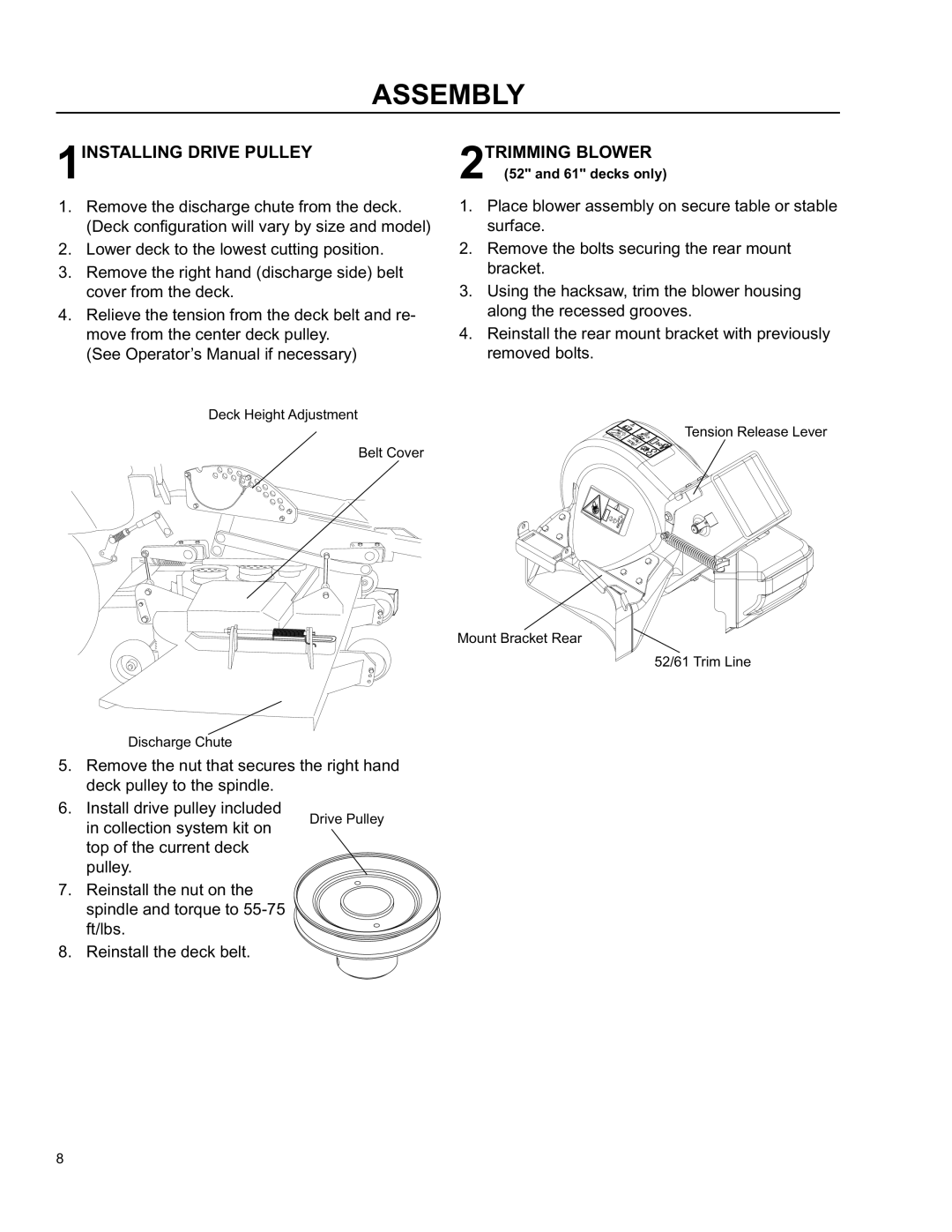 Husqvarna O0803001 manual Assembly, 1INSTALLING Drive Pulley, 2TRIMMING Blower 