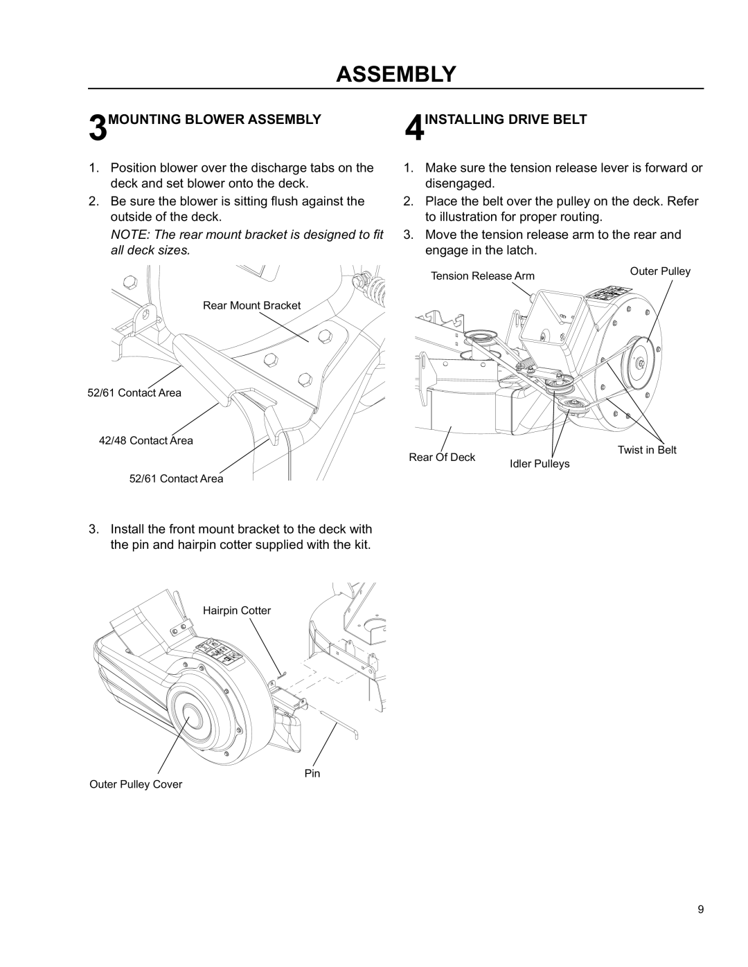 Husqvarna O0803001 manual 3MOUNTING Blower Assembly 4INSTALLING Drive Belt 