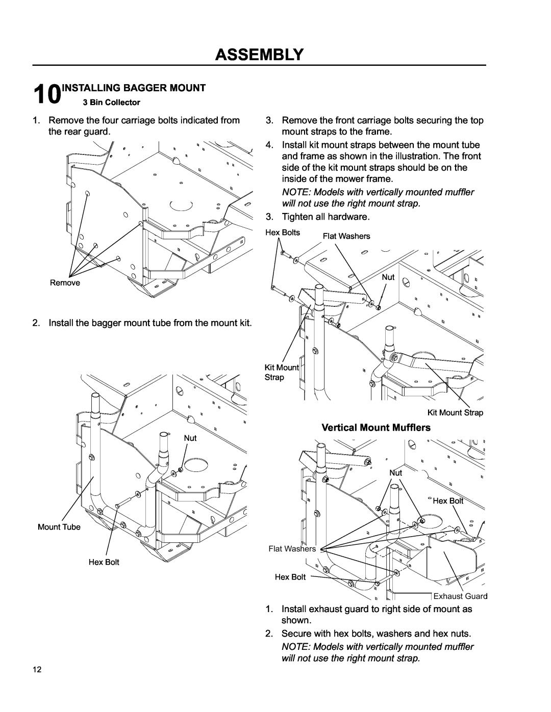 Husqvarna O0803001 manual 10INSTALLING BAGGER MOUNT, Vertical Mount Mufﬂers, Assembly 
