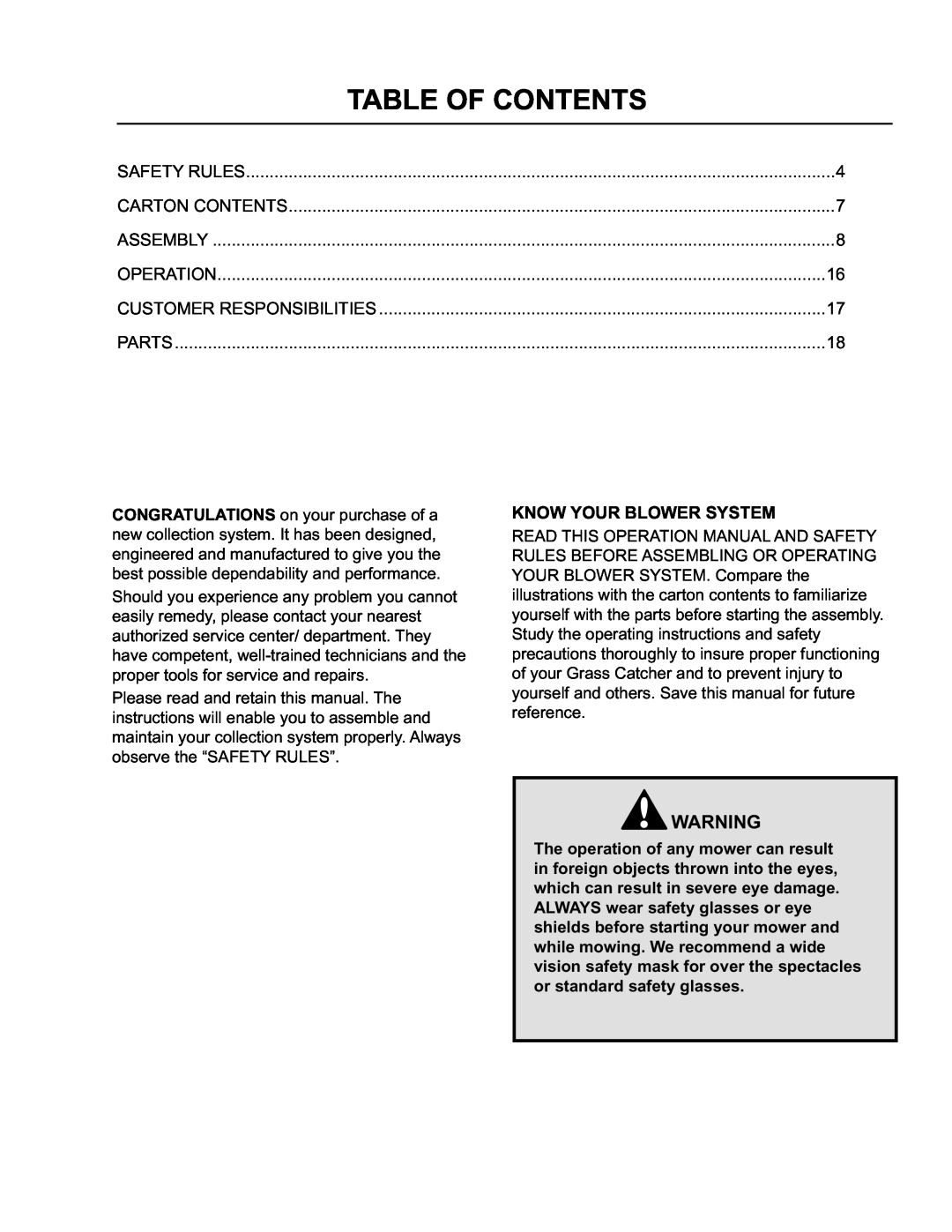 Husqvarna O0803001 Table Of Contents, Know Your Blower System, Safety Rules, Carton Contents, Assembly, Operation, Parts 