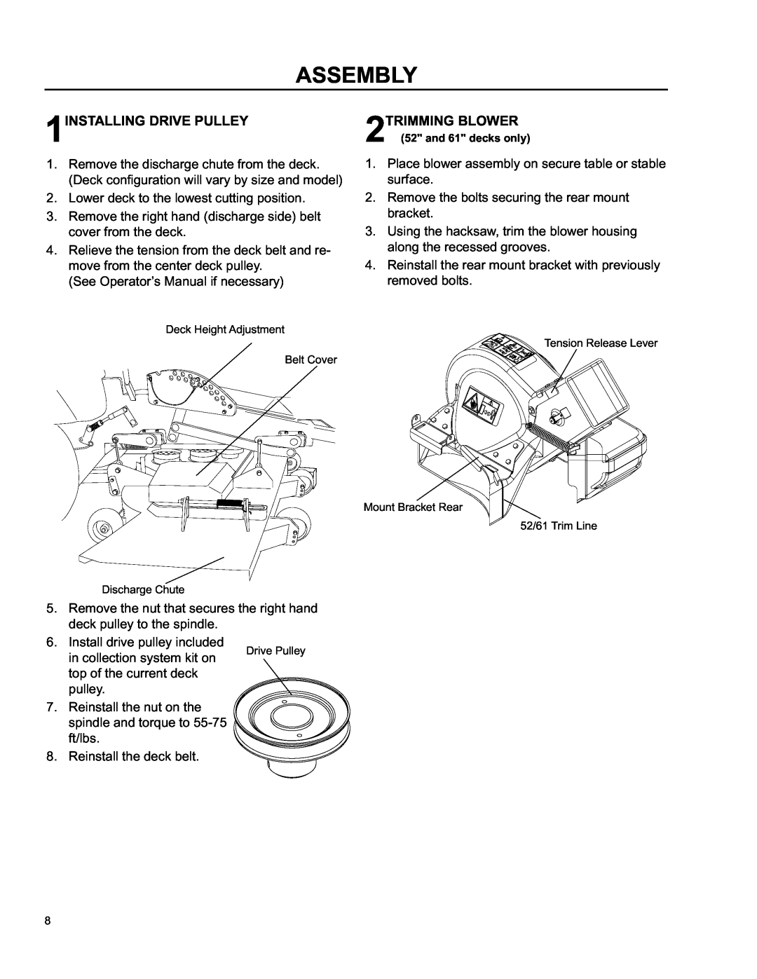 Husqvarna O0803001 manual Assembly, 1INSTALLING DRIVE PULLEY, 2TRIMMING BLOWER 