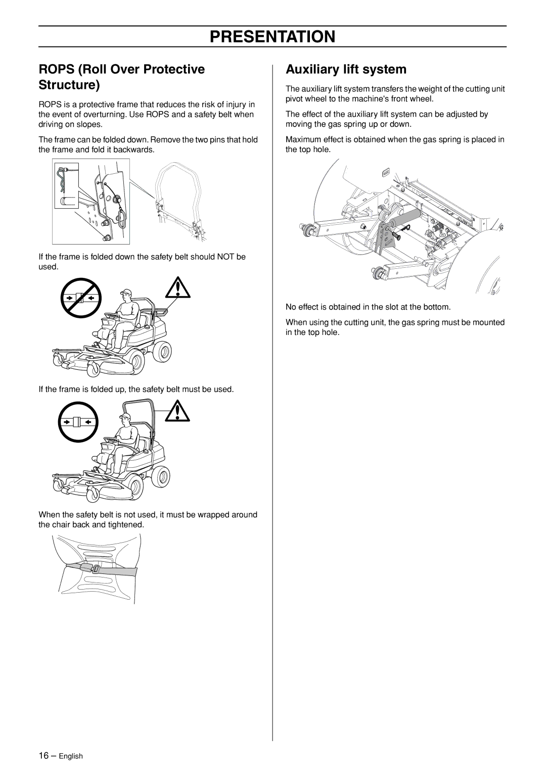 Husqvarna P 525D, P 520D manual Rops Roll Over Protective Structure, Auxiliary lift system 