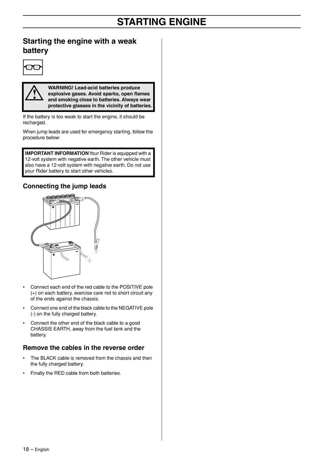 Husqvarna P 525D, P 520D manual Starting the engine with a weak battery, Connecting the jump leads 