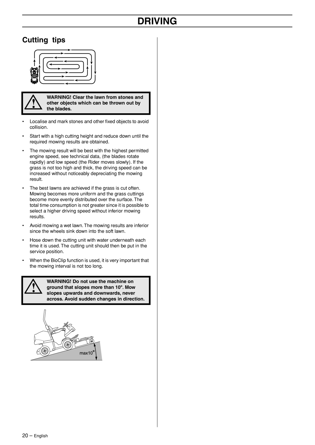 Husqvarna P 525D, P 520D manual Cutting tips, Other objects which can be thrown out by the blades 