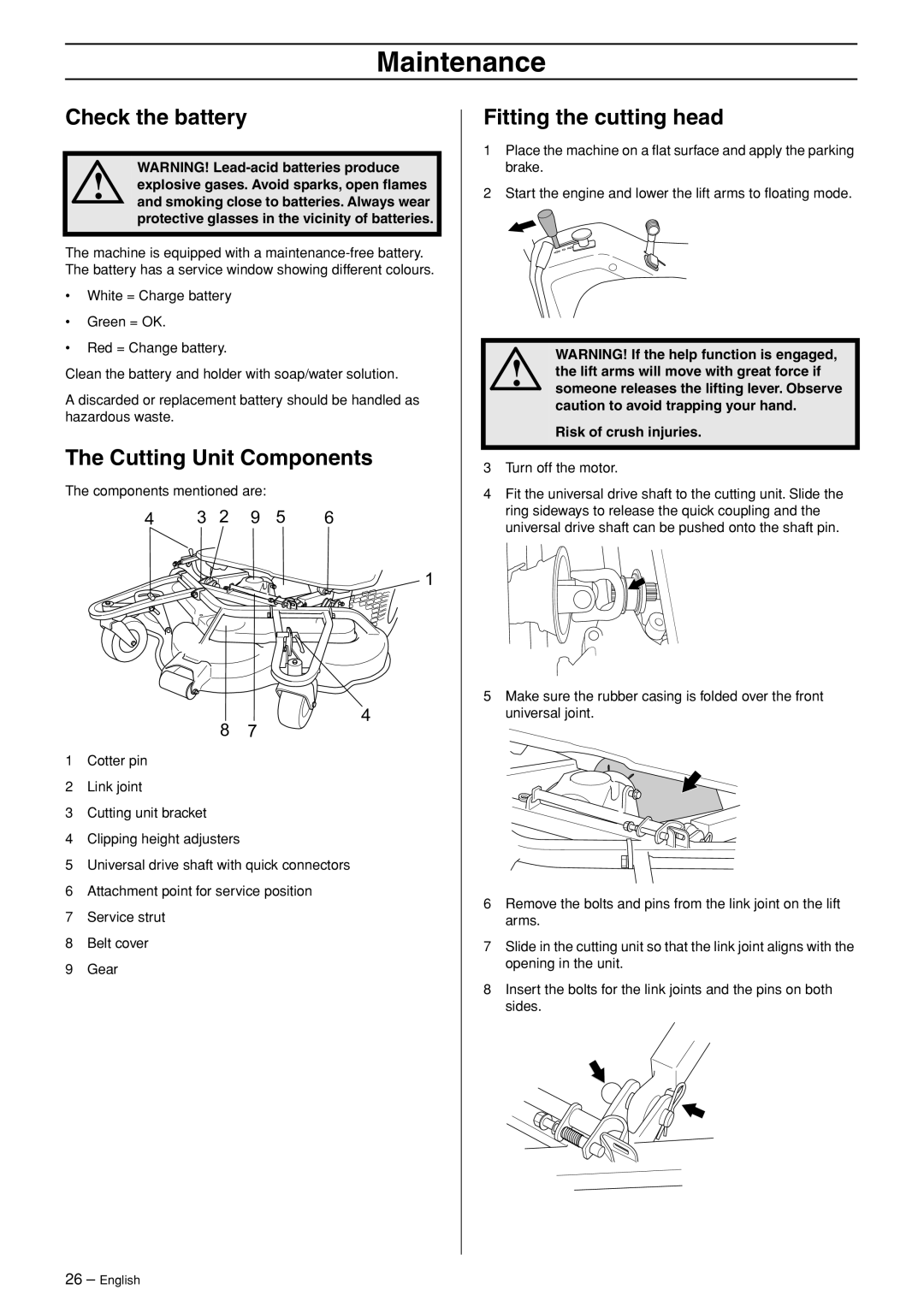 Husqvarna P 525D, P 520D manual Check the battery, Cutting Unit Components, Fitting the cutting head 