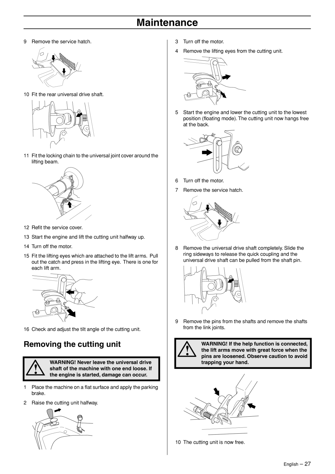 Husqvarna P 520D, P 525D manual Removing the cutting unit, Lift arms move with great force when, Trapping your hand 