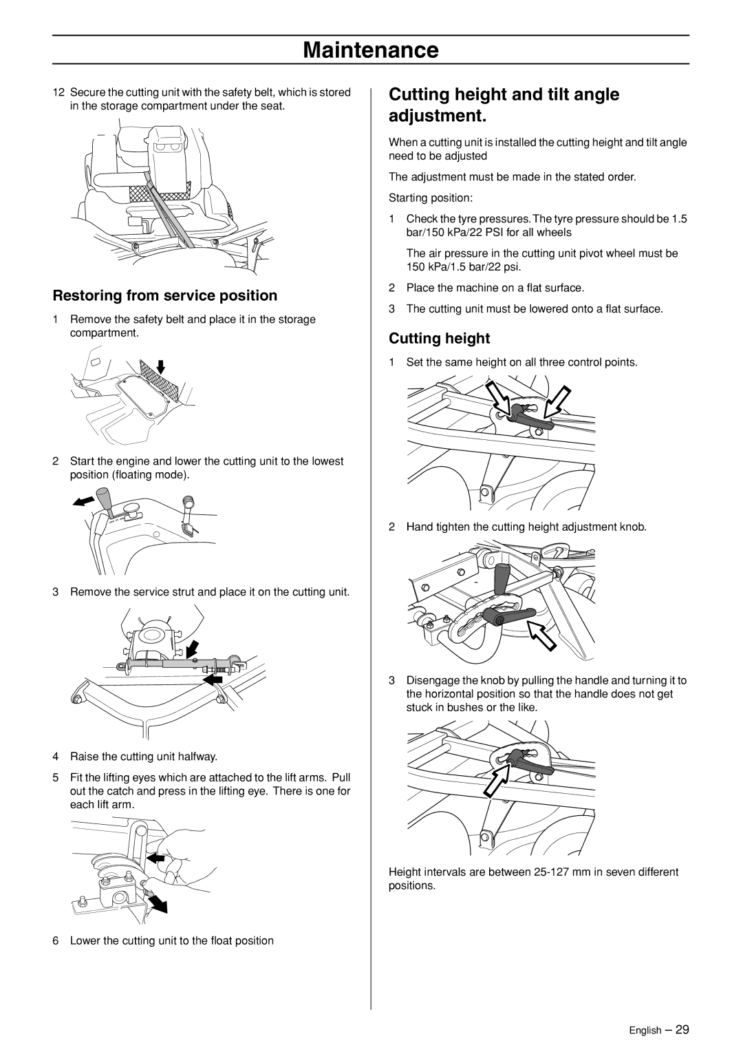 Husqvarna P 520D, P 525D manual Cutting height and tilt angle adjustment, Restoring from service position 