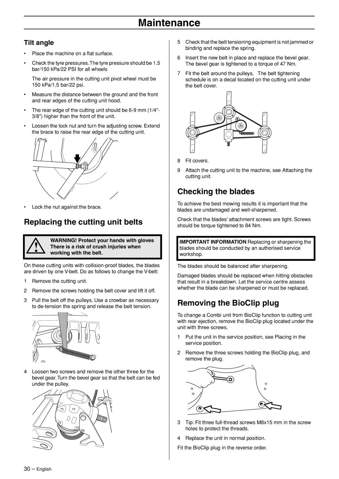 Husqvarna P 525D, P 520D manual Replacing the cutting unit belts, Checking the blades, Removing the BioClip plug, Tilt angle 