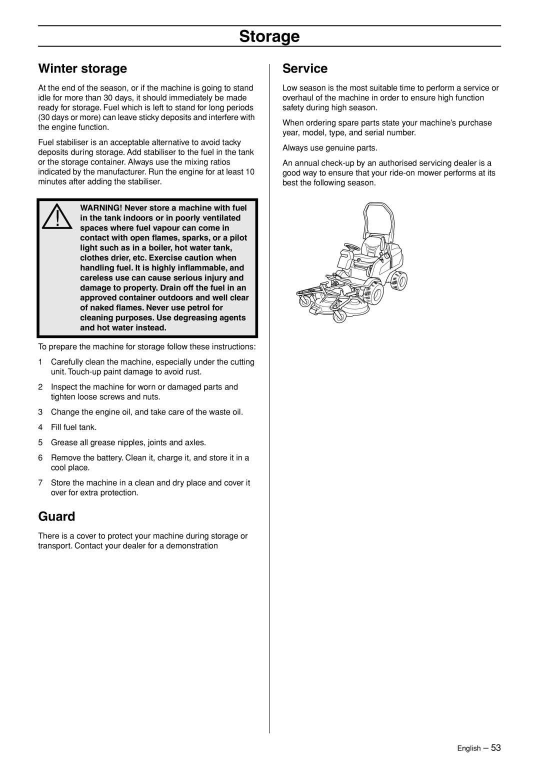 Husqvarna P 520D, P 525D manual Winter storage, Guard, Service 