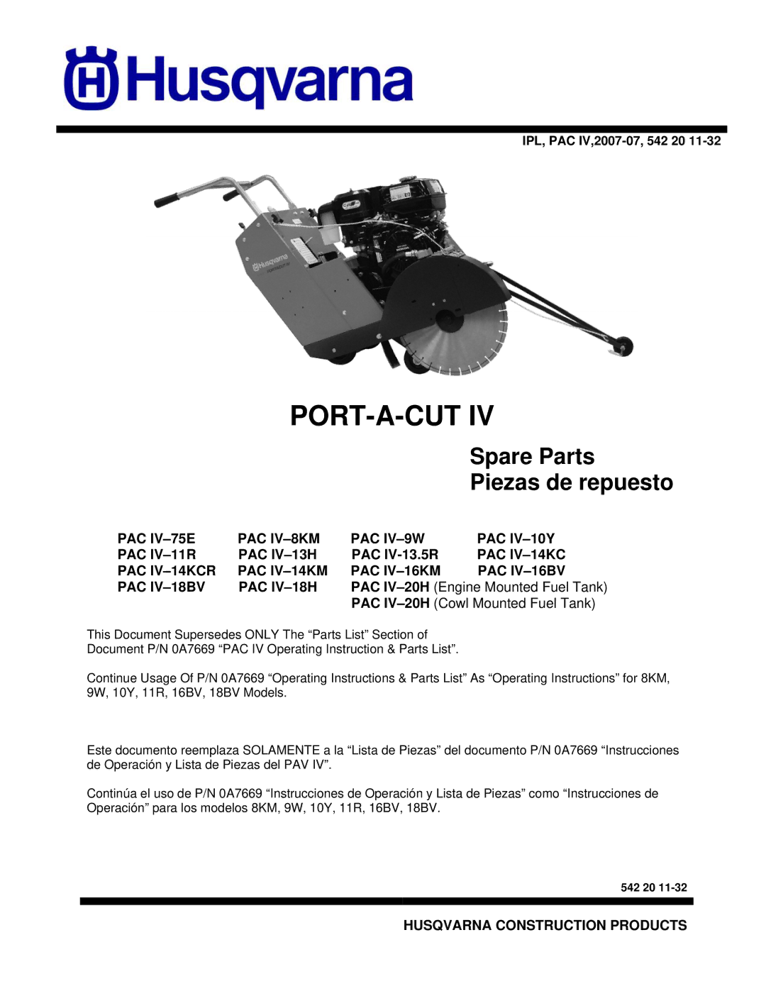 Husqvarna PAC IV-20H, PAC IV-8KM, PAC IV-9W, PAC IV-18H, Pac IV-75E, PAC IV-18BV operating instructions Port-A-Cut, 542 20 