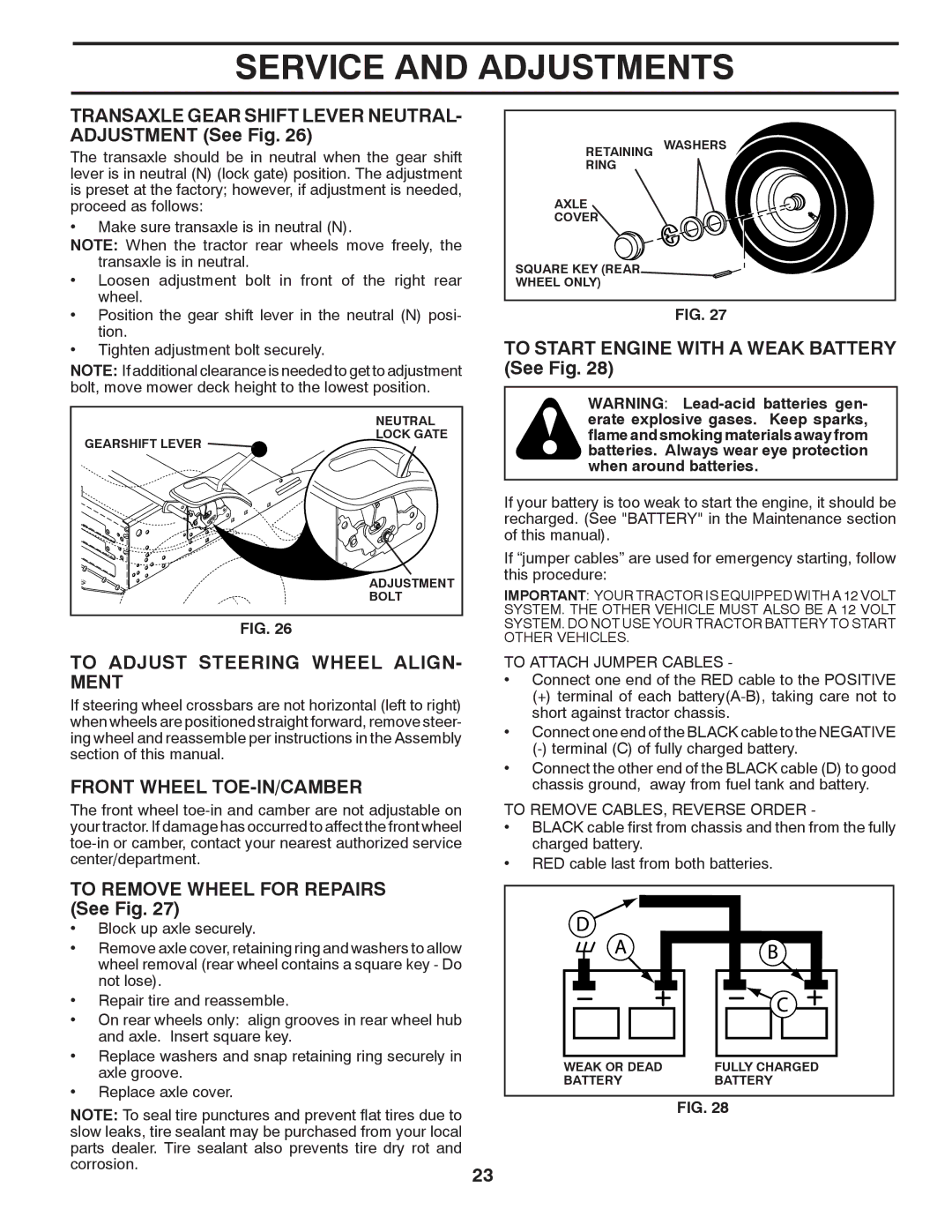 Husqvarna PB19546LT Transaxle Gear Shift Lever NEUTRAL- Adjustment See Fig, To Start Engine with a Weak Battery See Fig 