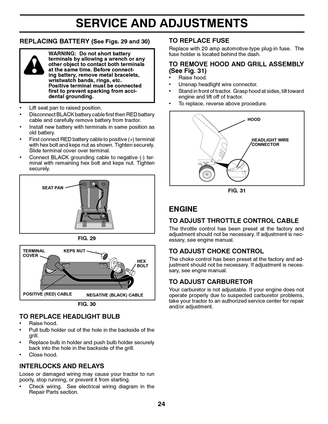 Husqvarna PB19546LT To Replace Headlight Bulb, Interlocks and Relays, To Replace Fuse, To Adjust Throttle Control Cable 