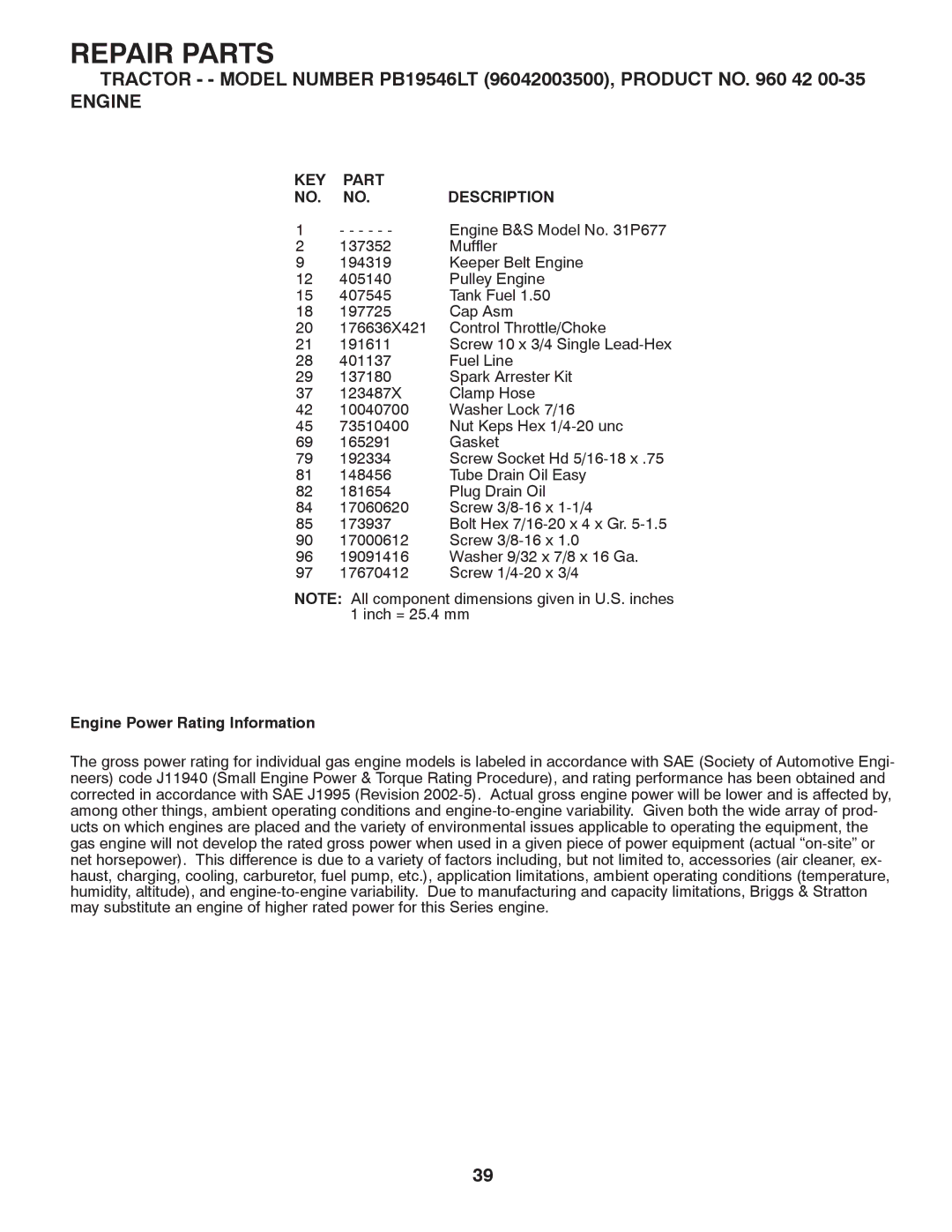 Husqvarna PB19546LT manual Engine Power Rating Information 