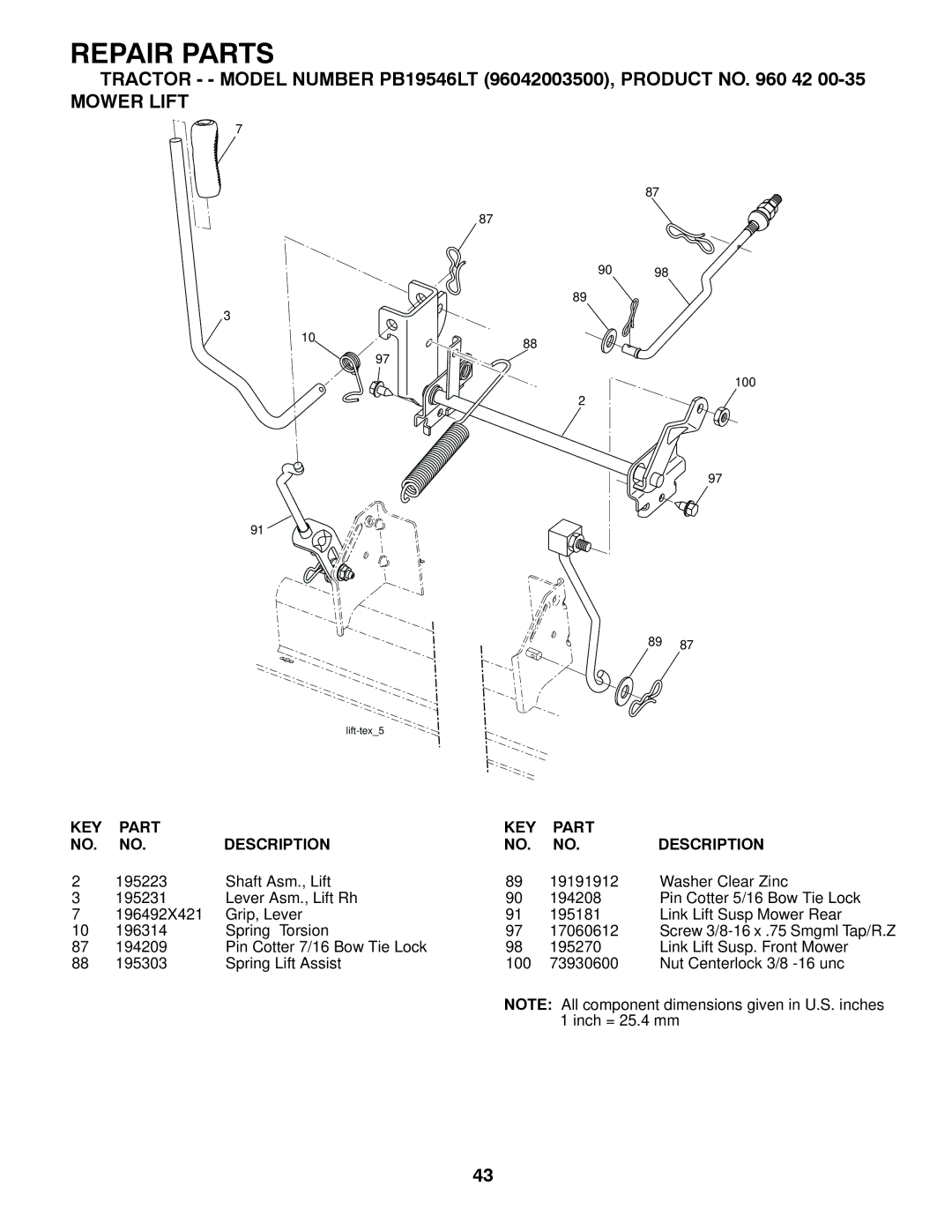 Husqvarna PB19546LT manual Mower Lift 