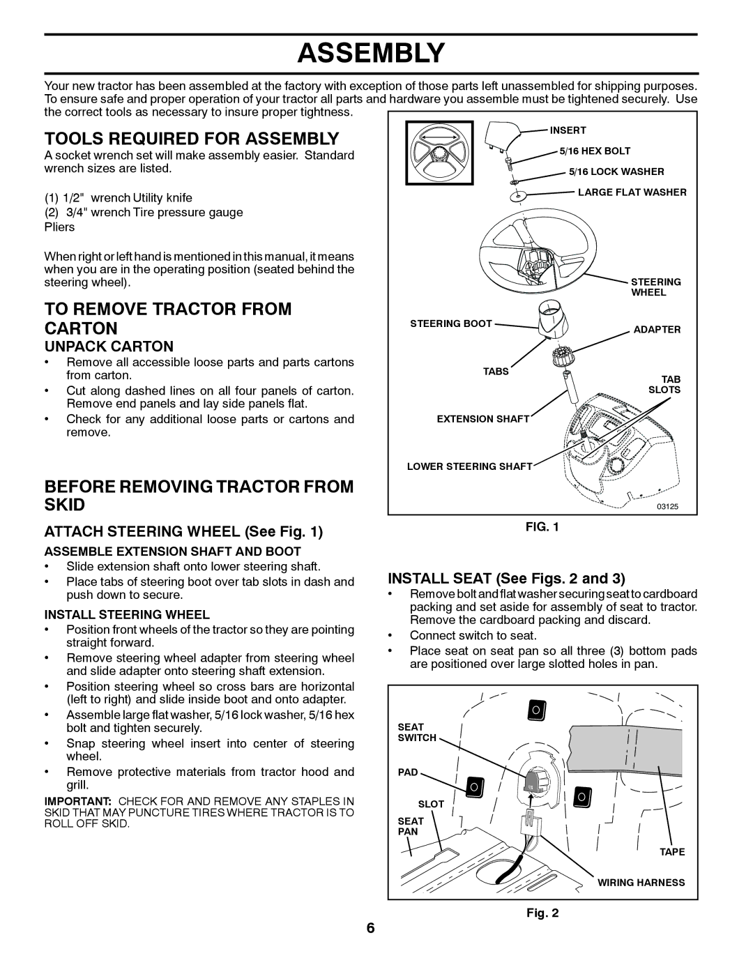 Husqvarna PB19546LT Tools Required for Assembly, To Remove Tractor from, Carton, Before Removing Tractor from Skid 