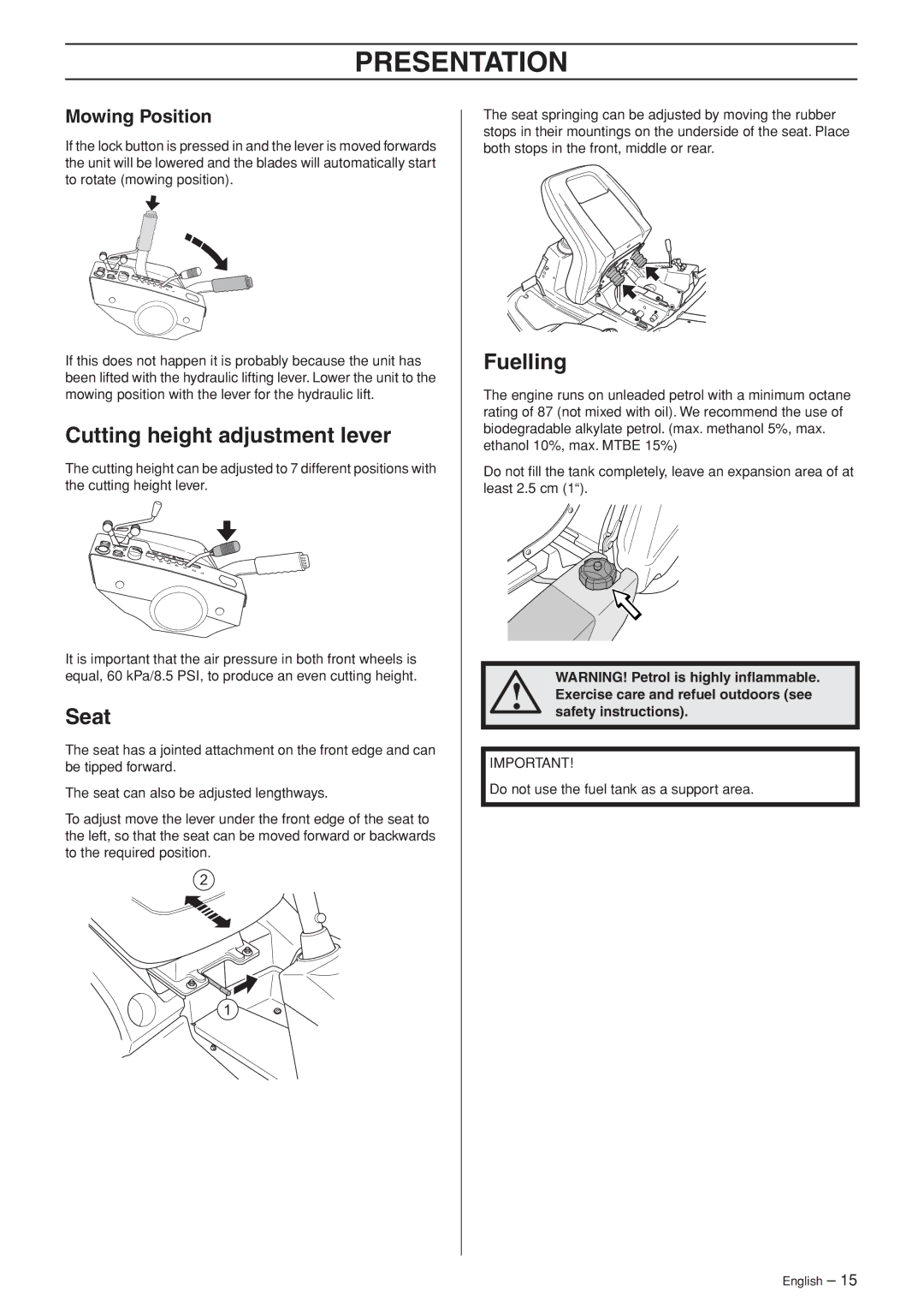 Husqvarna PF 21 AWD, PR 17 AWD manual Cutting height adjustment lever, Seat, Fuelling, Mowing Position 