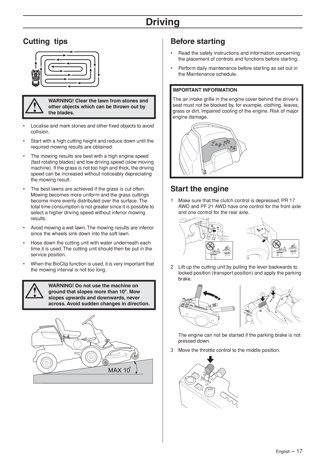 Husqvarna PR 17 AWD, PF 21 AWD manual Driving, Cutting tips, Before starting, Start the engine 