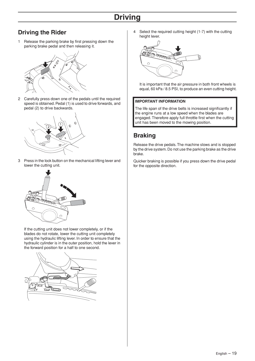 Husqvarna PF 21 AWD, PR 17 AWD manual Driving the Rider, Braking 