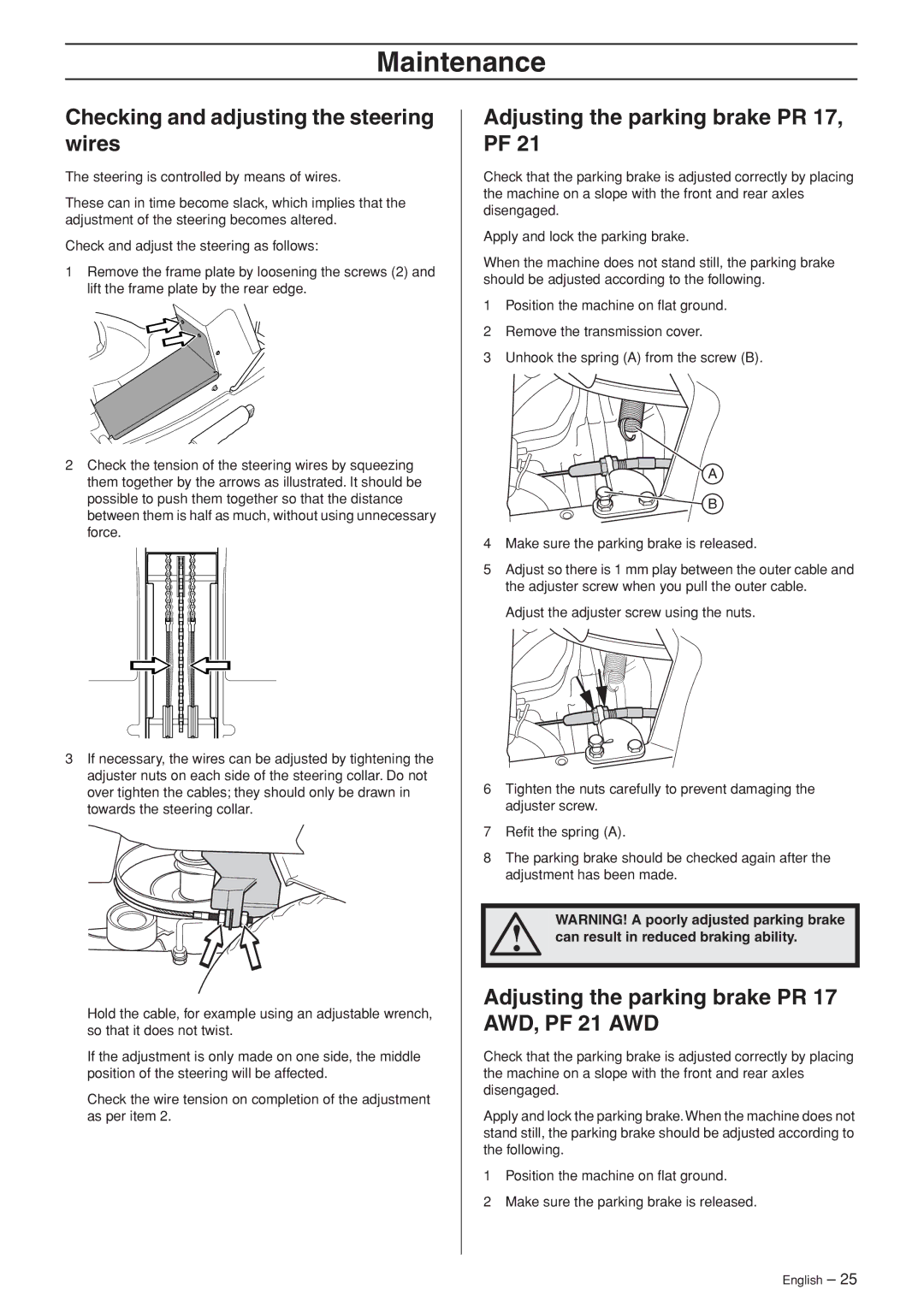 Husqvarna PR 17 AWD, PF 21 AWD manual Checking and adjusting the steering wires, Adjusting the parking brake PR 17, PF 