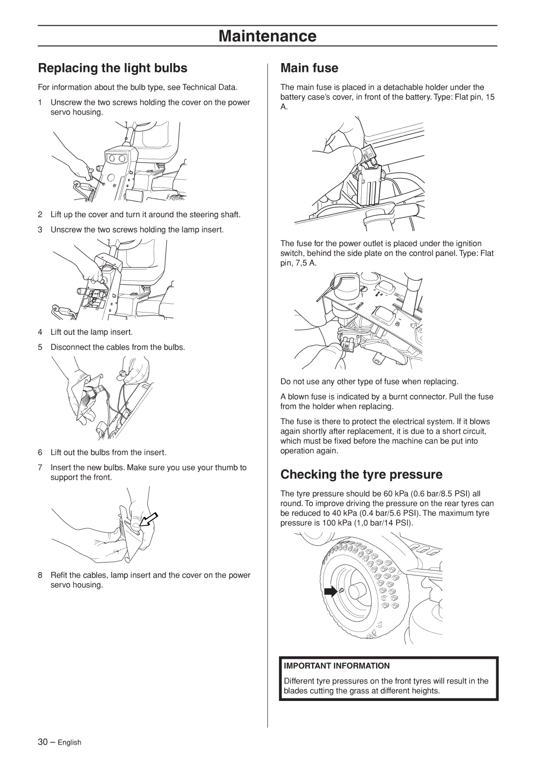 Husqvarna PF 21 AWD, PR 17 AWD manual Replacing the light bulbs, Main fuse, Checking the tyre pressure 