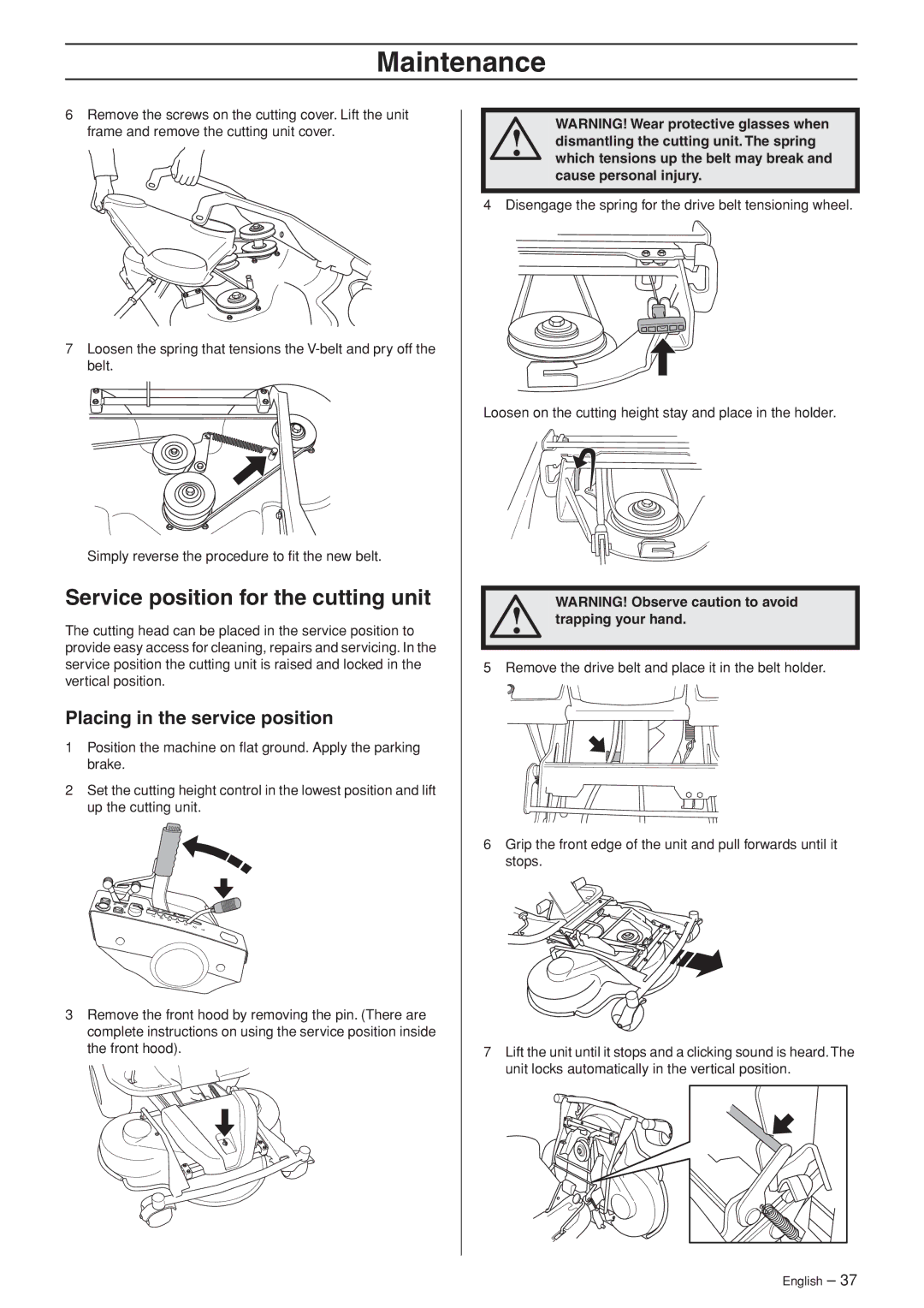 Husqvarna PR 17 AWD, PF 21 AWD manual Service position for the cutting unit, Placing in the service position 