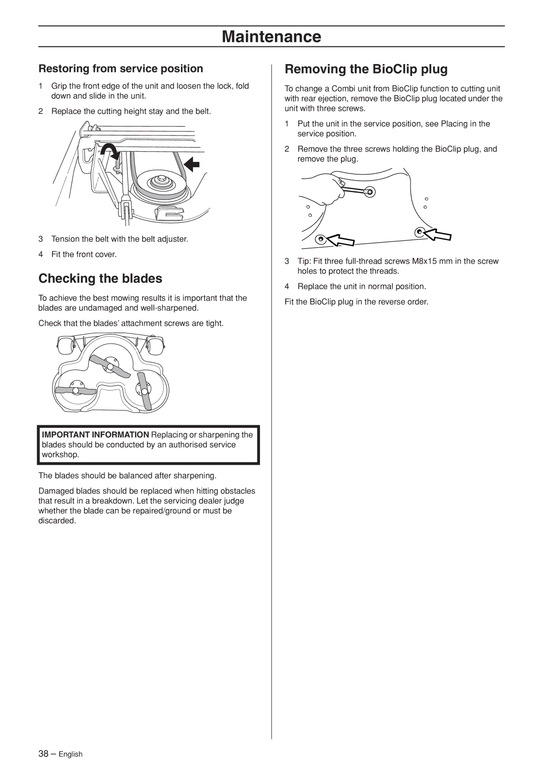 Husqvarna PF 21 AWD, PR 17 AWD manual Checking the blades, Removing the BioClip plug, Restoring from service position 