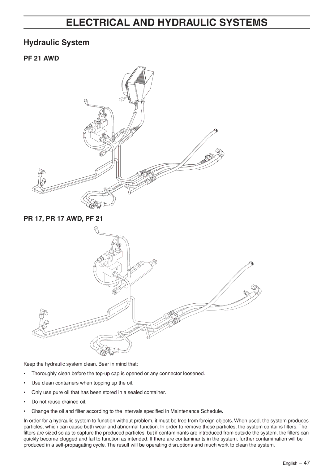 Husqvarna PF 21 AWD manual Hydraulic System, PR 17, PR 17 AWD, PF 