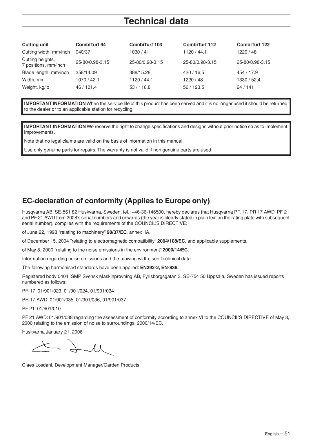 Husqvarna PF 21 AWD, PR 17 AWD manual EC-declaration of conformity Applies to Europe only, Cutting unit CombiTurf 