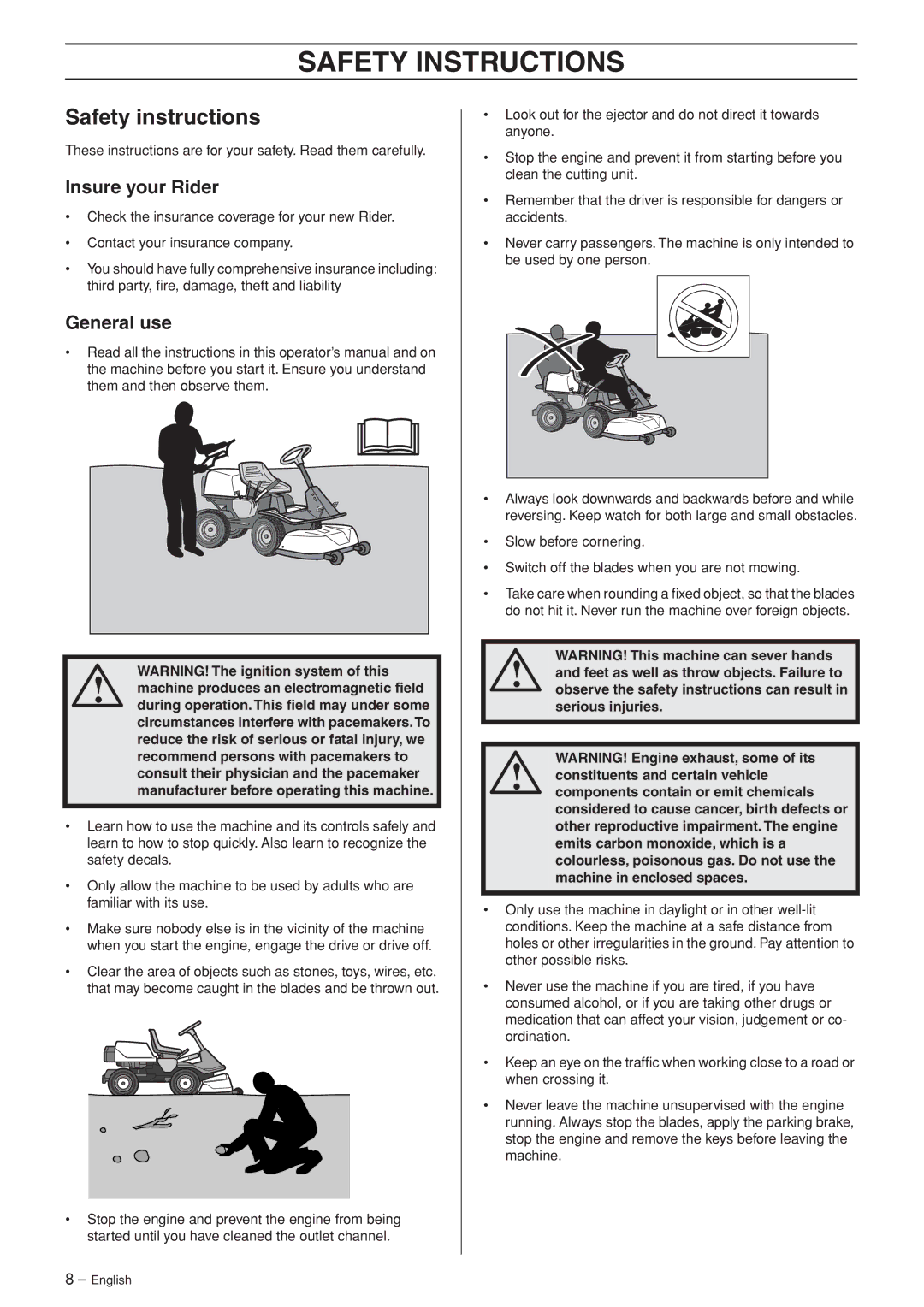 Husqvarna PF 21 AWD, PR 17 AWD manual Safety Instructions, Safety instructions, Insure your Rider, General use 